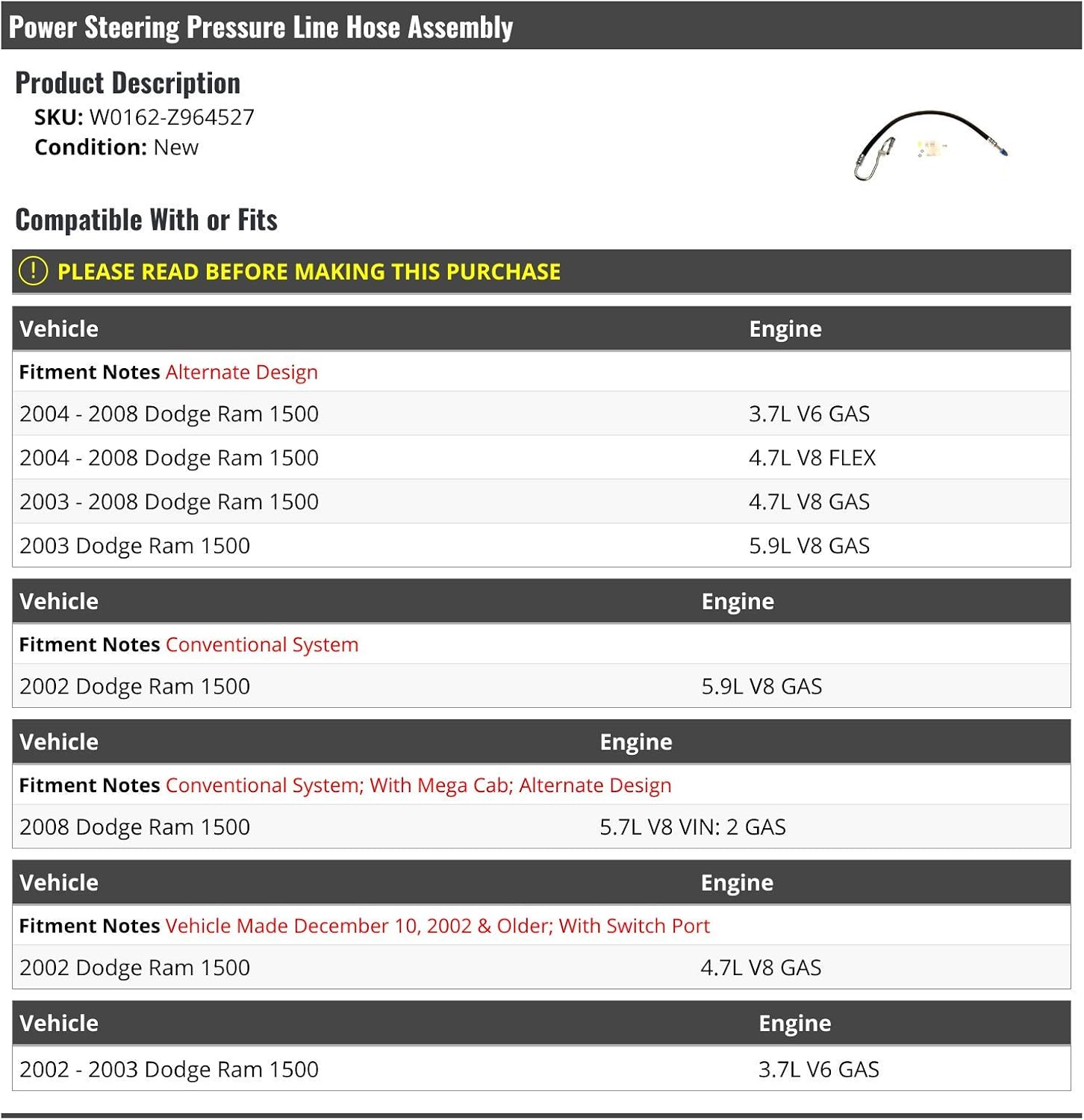 Power Steering Pressure Line Hose Assembly - Compatible with 2002-2008 Dodge Ram 1500