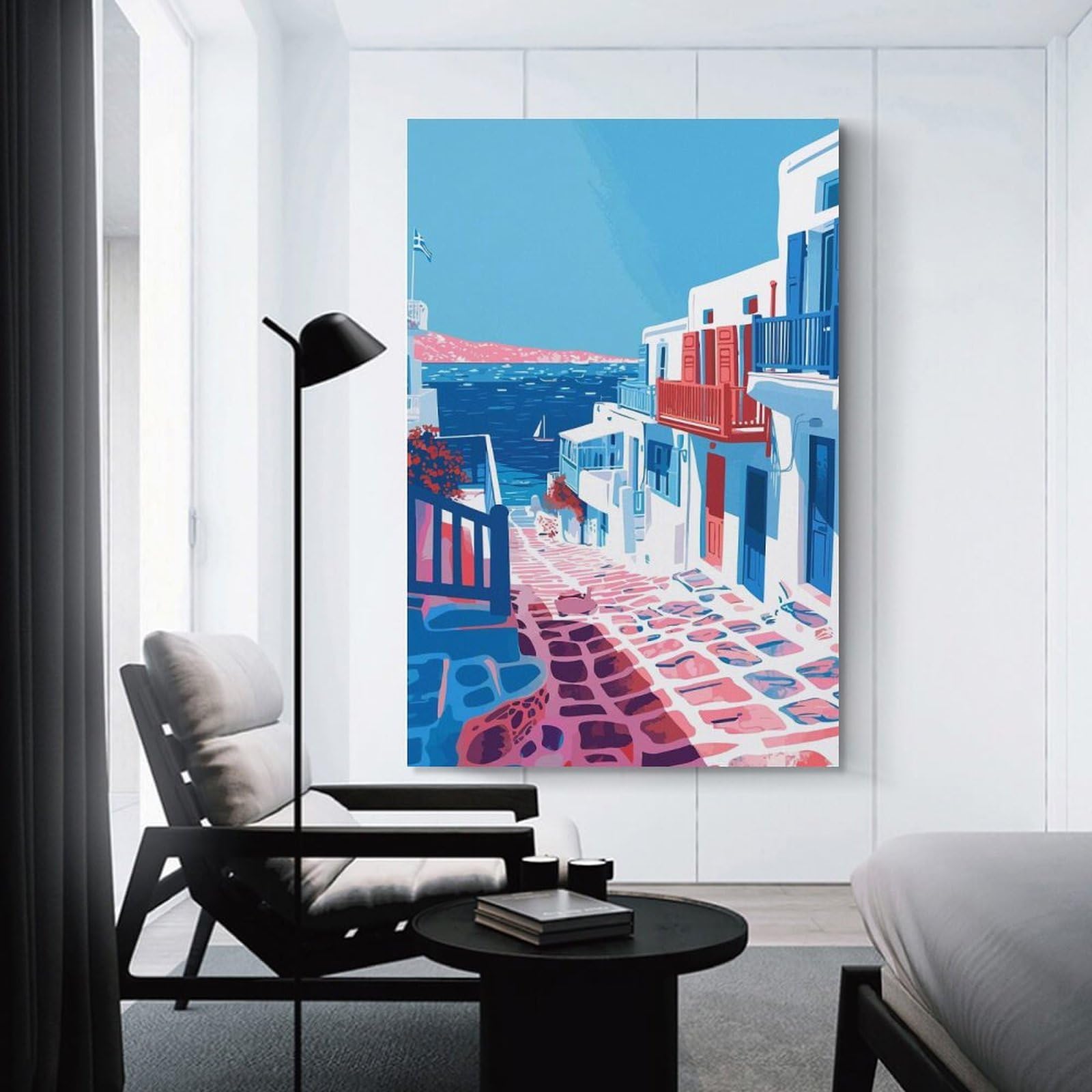 Junmoney Greece Village Minimalist Canvas Wall Decor, 08x12inch(20x30cm), for Art Walls, Layered Displays Or Homes, Home Wall Art for Statement Displays