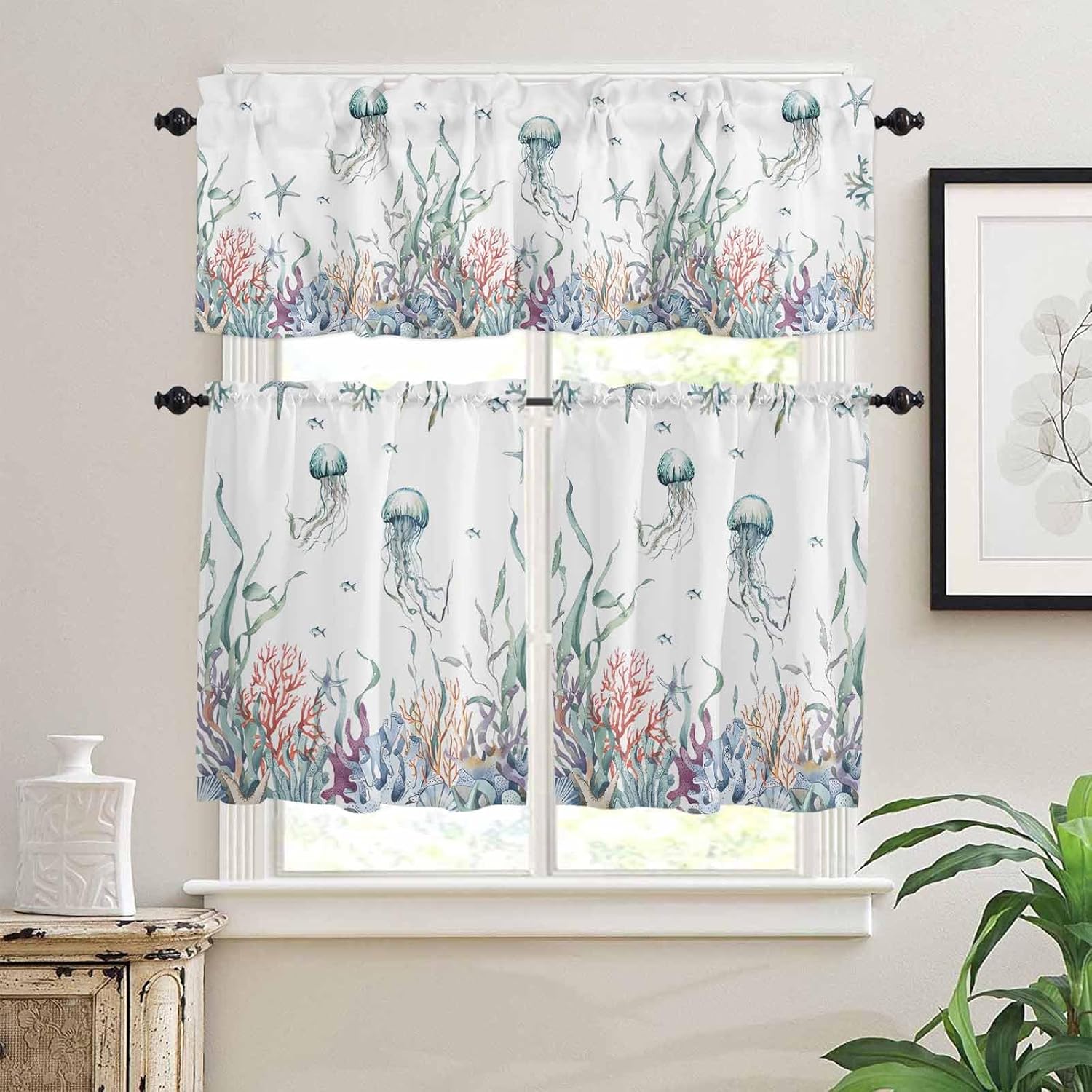 Summer Ocean Life Kitchen Curtains and Valances Set, Coral Shell Starfish Jellyfish Valance Curtain for Living Room Bathroom, Semi-Sheer Rod Pocket Tier Curtains