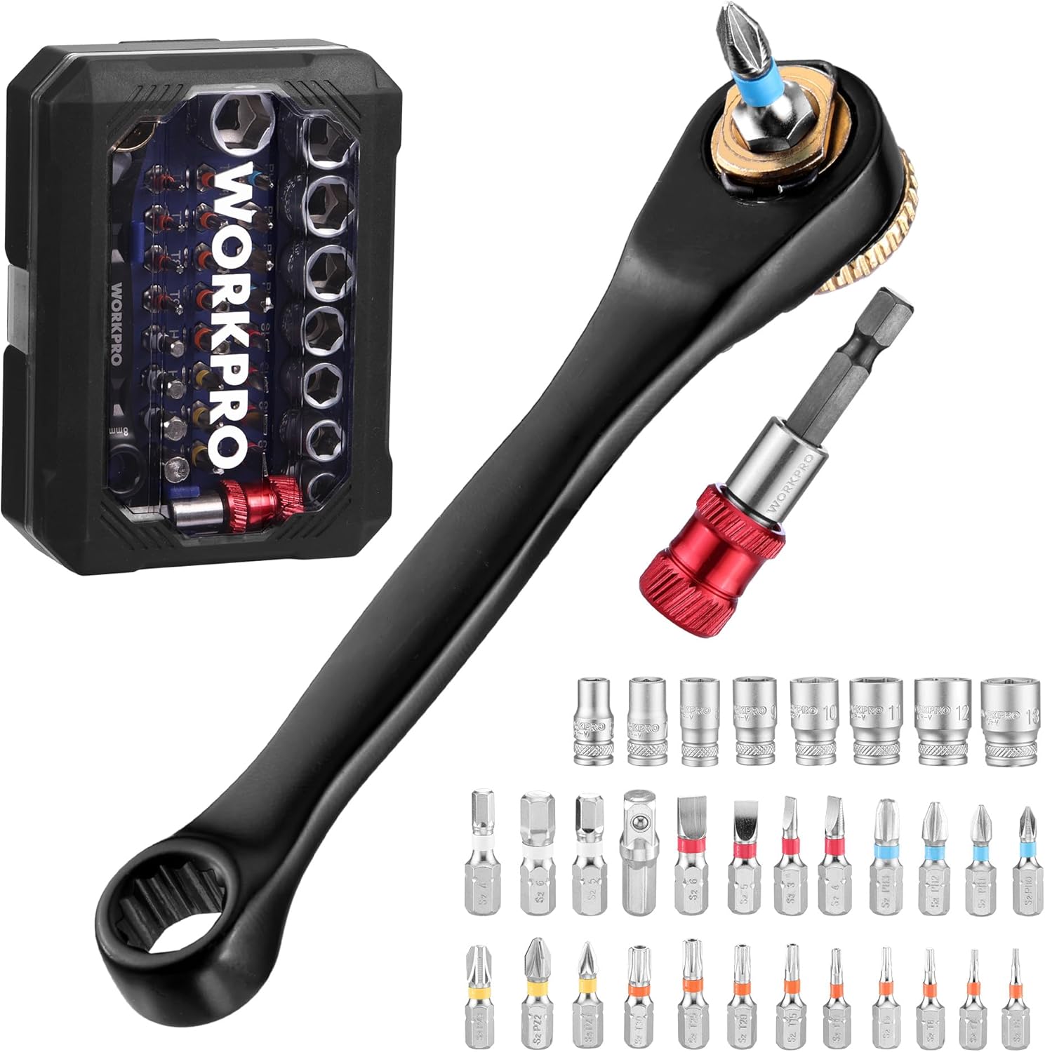 WORKPRO 34-Piece 1/4" Mini Ratchet Wrench, 72-Tooth, Right Angle Screwdriver Mens Gifts, 90 Degree Offset Ratcheting Screwdriver Pocket Mini Low Profile Ratchet Wrench Bit Socket Set for Tight Space