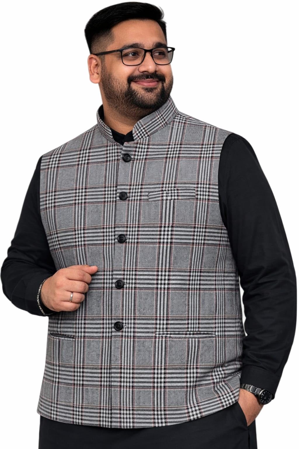 ifox lifestyle Men's Plus Size Nehru Jacket, Lite Grey Check, Cotton Blend Waistcoat for Wedding, Party, Formal Occasions-picture-25