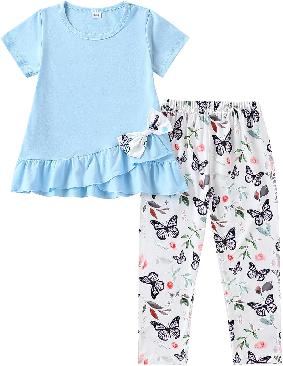 4-7T kids Girl Summer Outfit Short-Sleeve Bowknot Ruffled Hem Top and Floral Capri Pants Set