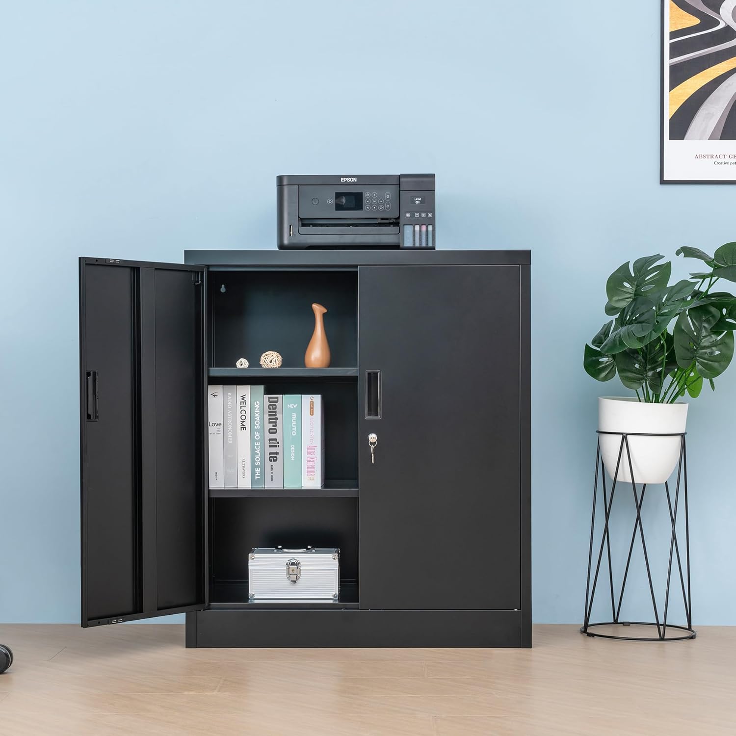CMY Metal Storage Cabinet, 36" H Locking Storage Cabinet with Adjustable Shelves, Steel Cabinets for Garage, Home, Office, Utility Room-Black