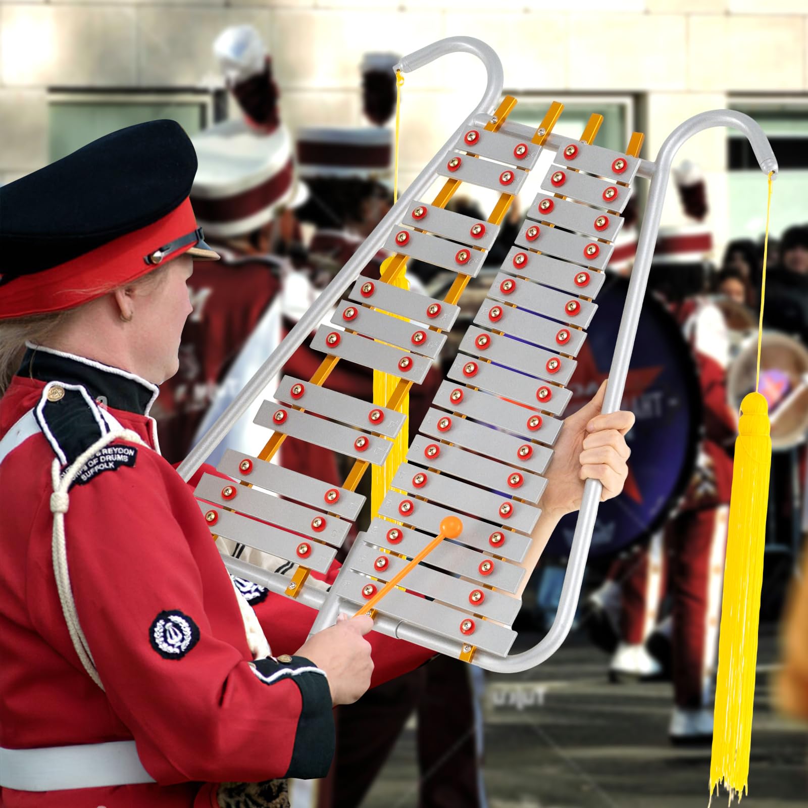 KOMFOTTEU Xilófono de Marcha de 29 Notas, Carillón de Aluminio con Mango Ajustable, Instrumento de Percusión con 2 Mazos y Cinturón, Glockenspiel Musical para Principiantes y Profesionales