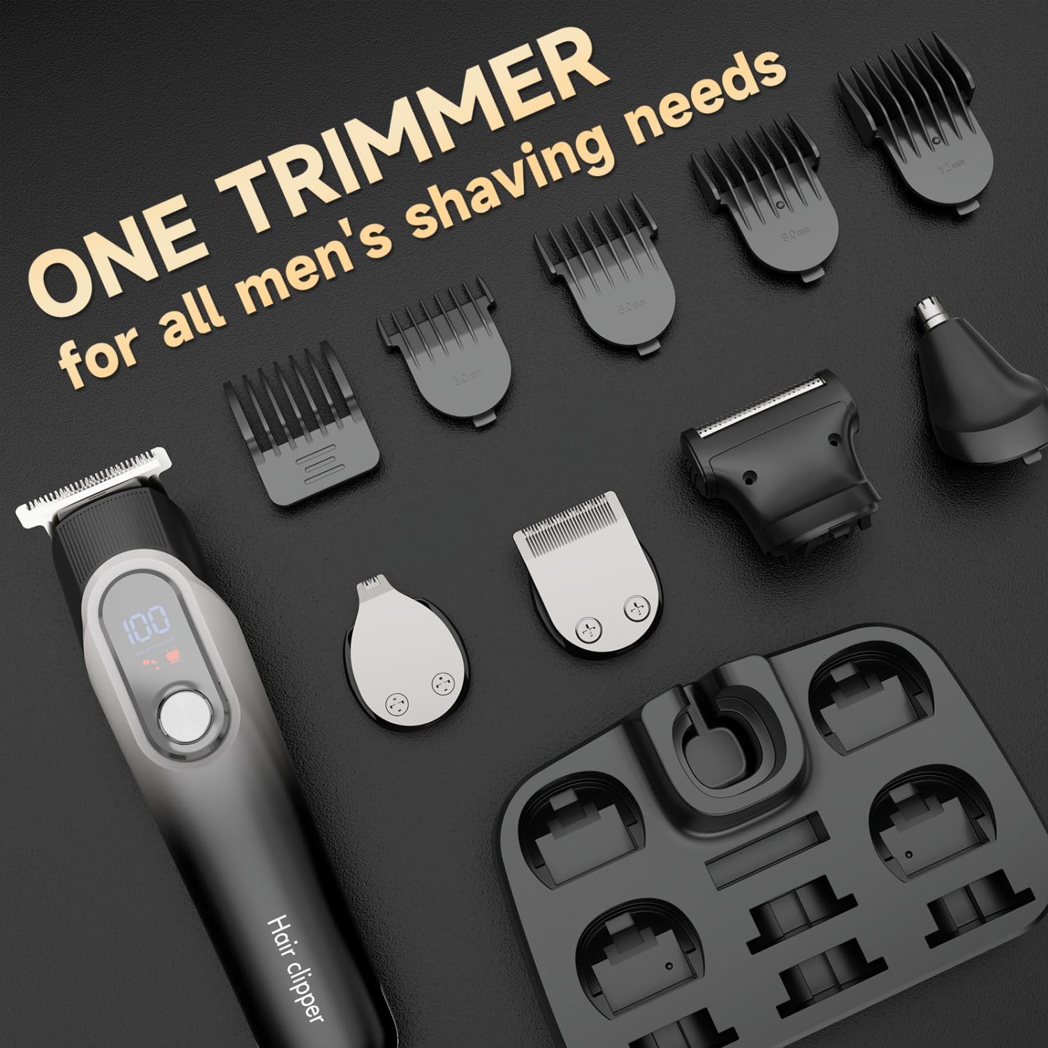 Beard Trimmer for Men, Professional Mustache Trimmer, Rechargeable Electric Razor for Men with T-Blade, Cordless Hair Clippers, Mens Grooming Kits for Body/Face/Ear/Nose, LED Display, Gray