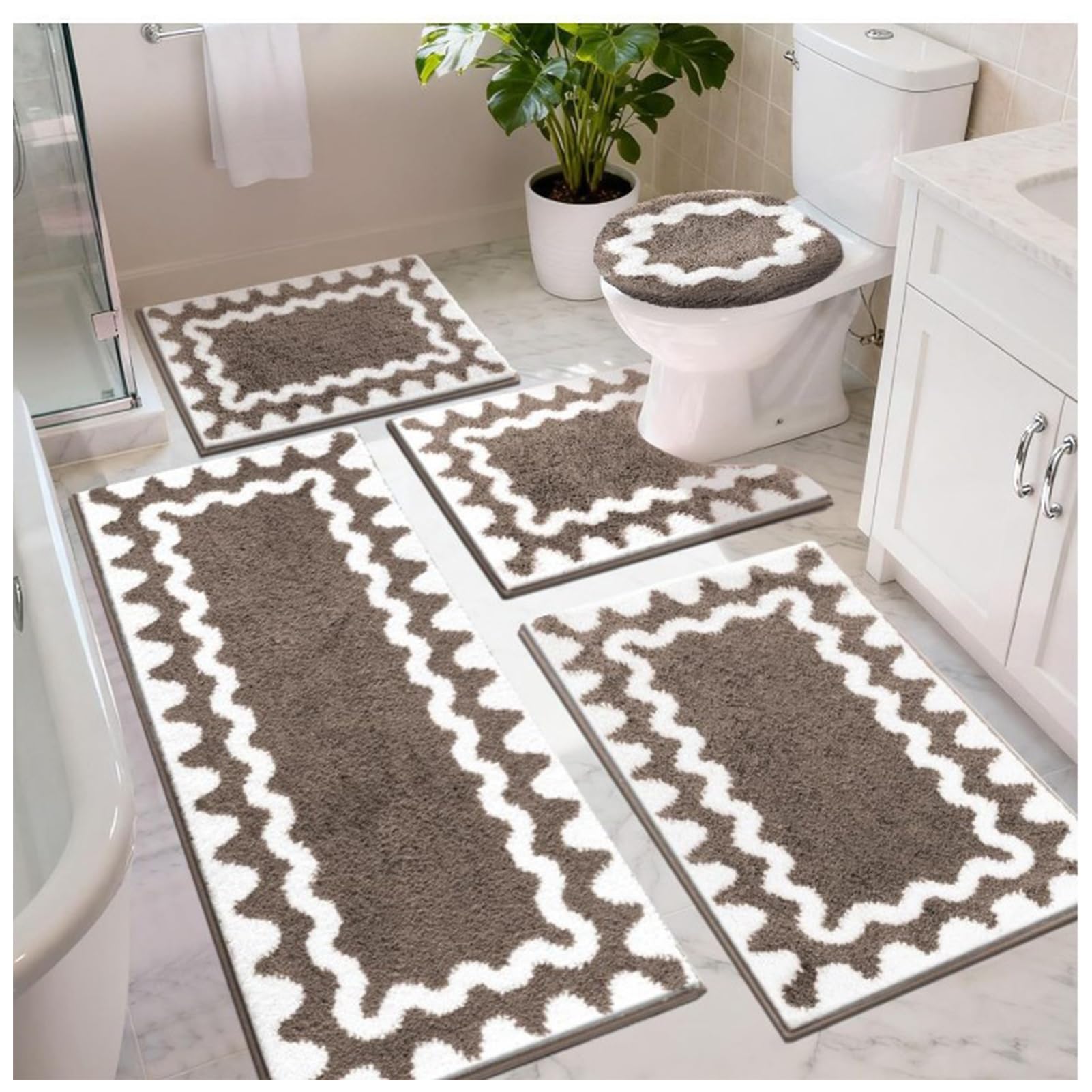 Set di 3 tappeti da bagno con bordo ondulato, antiscivolo, assorbente, in microfibra, tappetino da bagno a forma di U, morbido e lavabile, per vasca da bagno (50 x 80 + 38 x 40 + 40 x 120 cm, marrone)