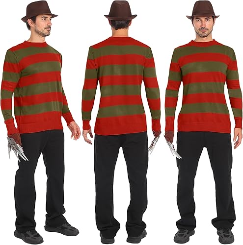 Miniatura 2 de Suéter de punto a rayas rojas y verdes de terror para hombre con sombrero marrón retro guantes para Halloween juego de rol