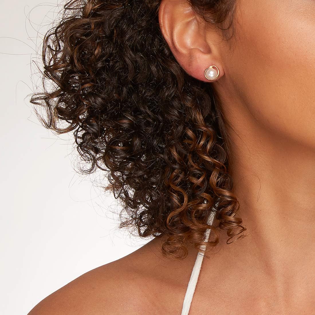 Peora Freshwater Cultured White Pearl Stud Earrings in 14K Yellow Gold, Round Button Shape, 7mm Swirl Solitaire, Friction Backs, Pearl Earrings Studs, June Birthstone