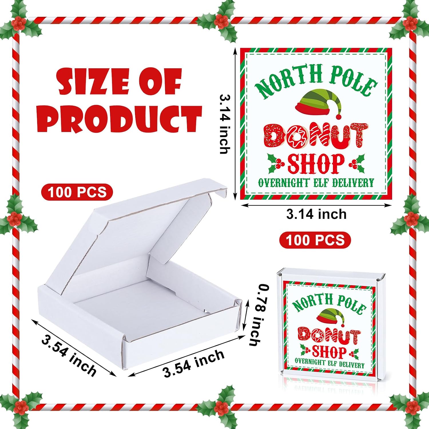 Tioncy 100 Pcs Christmas Donut Boxes 3.54x3.54x0.78 with Stickers | Flat Cardboard Gift Boxes for Party Favors, Holds Donuts Money Treats, North Pole Elf Theme, Xmas Birthdays Valentines