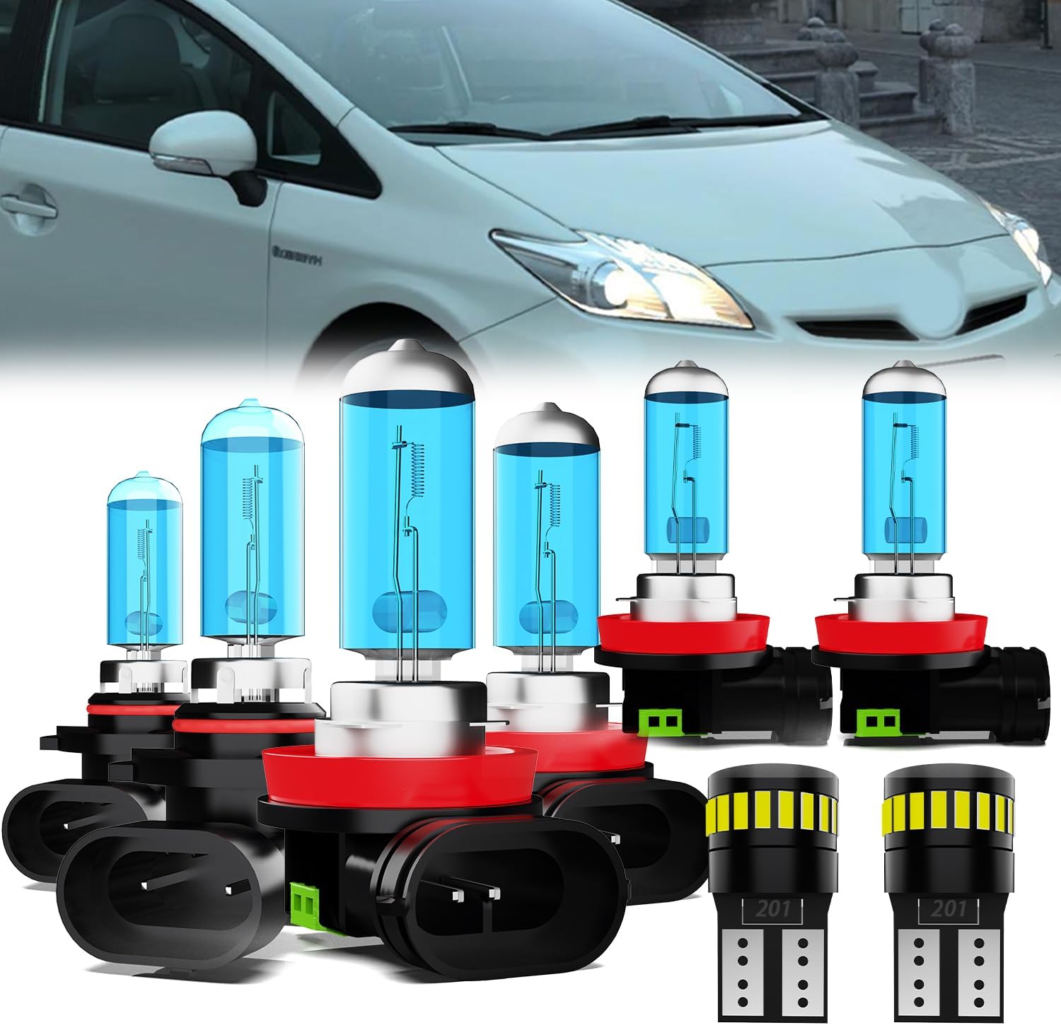 Headlight Bulbs License Plate Lights Fit For Toyota Prius 2010-2015, 9005 High Beam + H11 Low Beam + H11 Fog Lights Halogen Light Bulb + License Plate Lights, Pack of 8