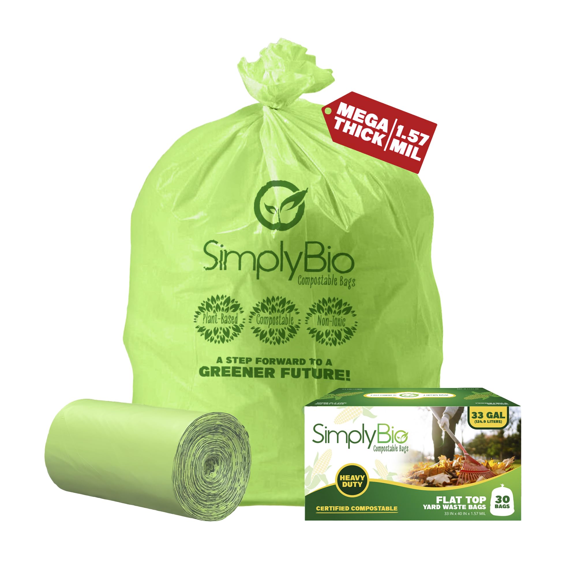 Simply Bio 33 Gal. 1.57 Mil. Compostable Trash Bags with Flat Top, Eco-Friendly, Heavy-Duty (30-Count)