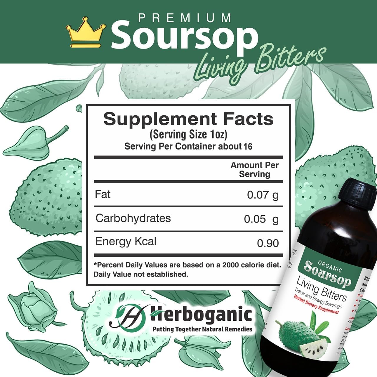 Herboganic Premium Soursop Living Bitters Featured with Organic green Bitters for overall health and wellness |Pack of 2 |16 Oz Each