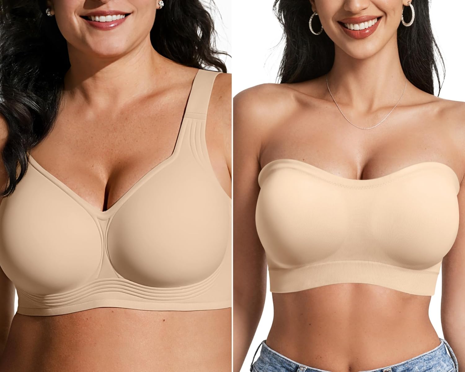 OEAK Womens Wireless Bras Supportive & Strapless Bandeau Bras Non Slip Beige L