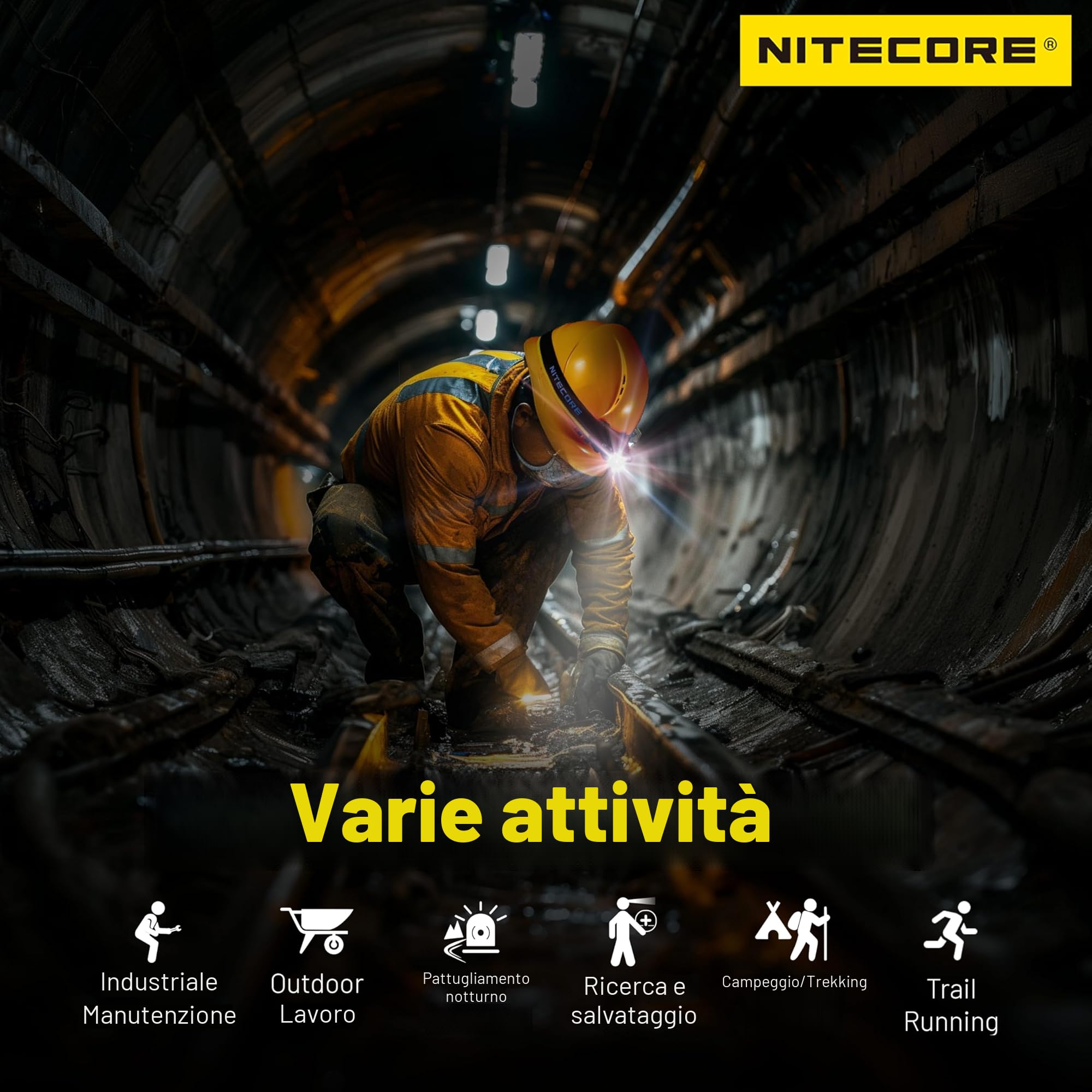 Nitecore NU53 Lampada frontale industriale leggera 1800 lumen con batteria 6000 mAh ricaricabile USB-C