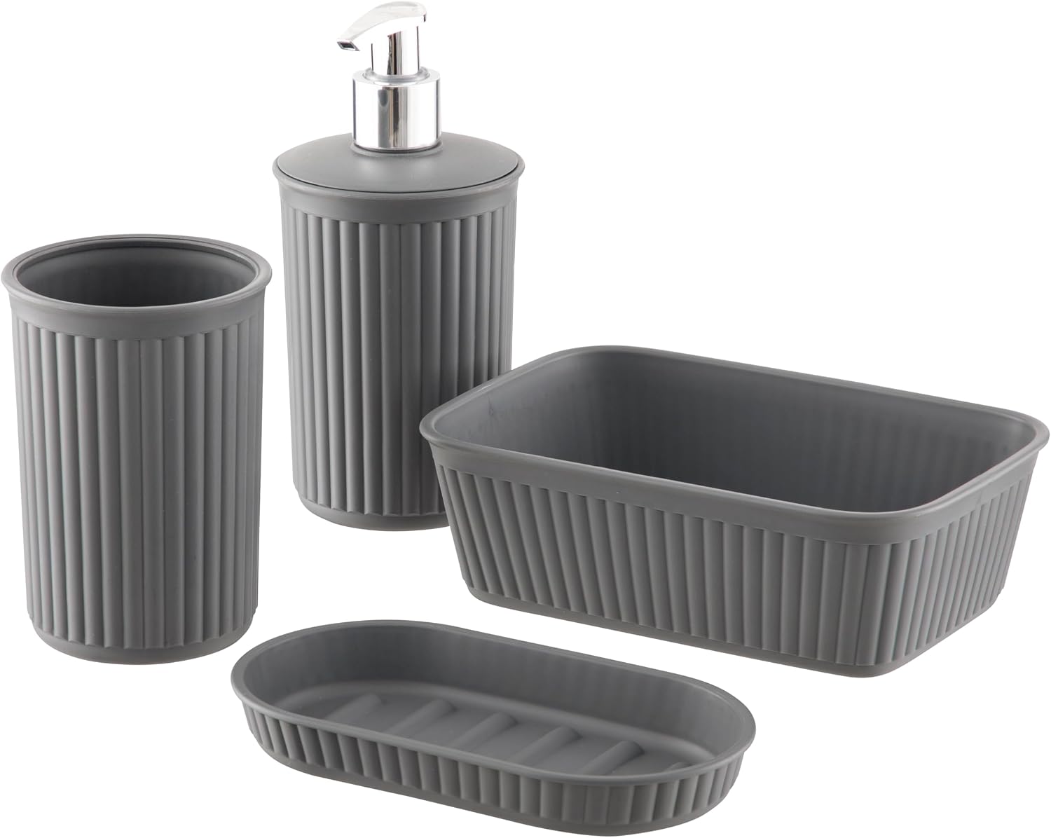 Decorative Plastic Bathroom Accessories Set, Taupe (Set of 4) Soap Dish, Liquid Dispenser, Toothbrush Holder Cup, Vanity Organizer Tray - Bath Accessory Countertop Decor Gift - Ribbed Design
