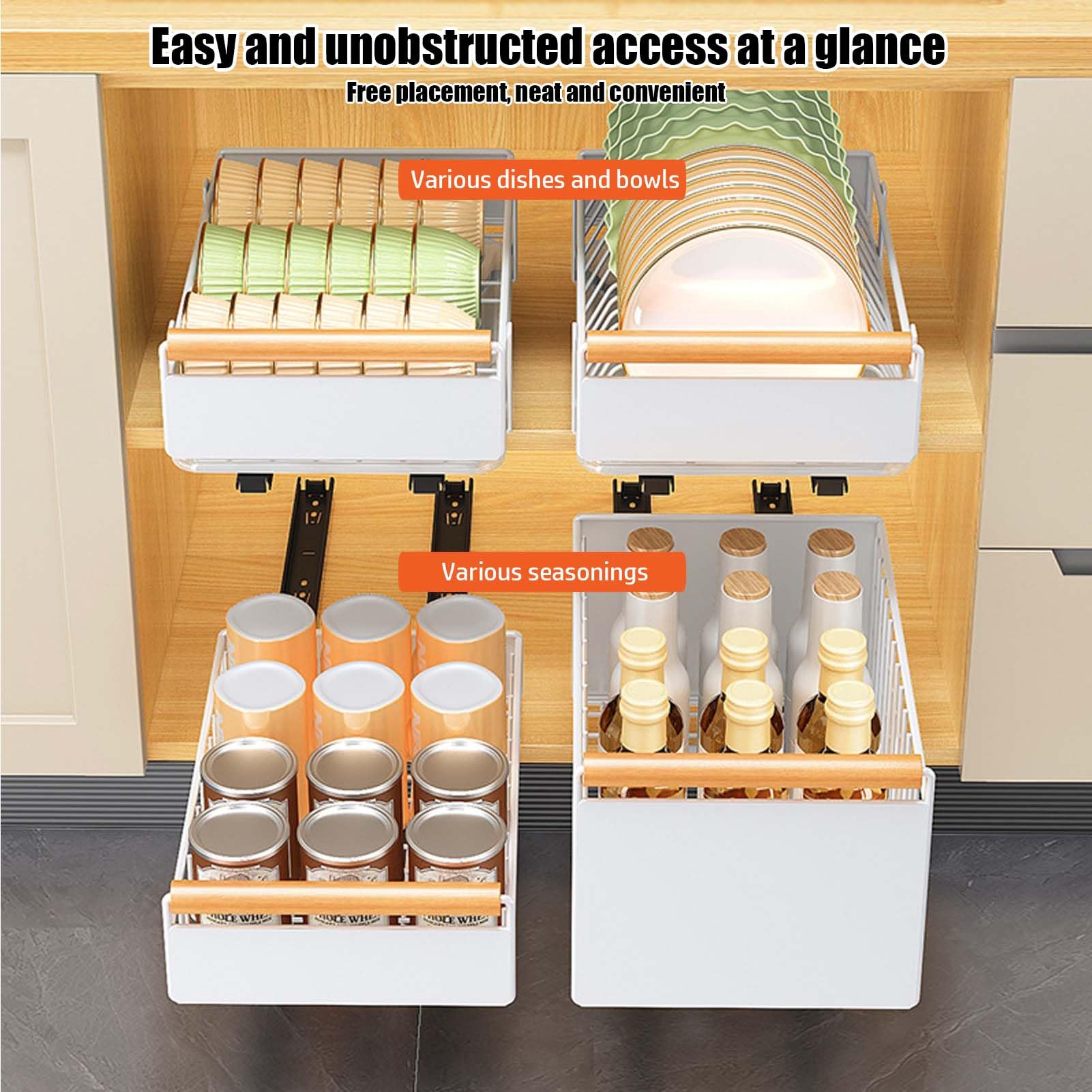 Organiseur de tiroir coulissant en métal avec poignée - Étagère extensible pour armoires de cuisine et de salon - Solution de rangement coulissante pour vaisselle et ustensiles