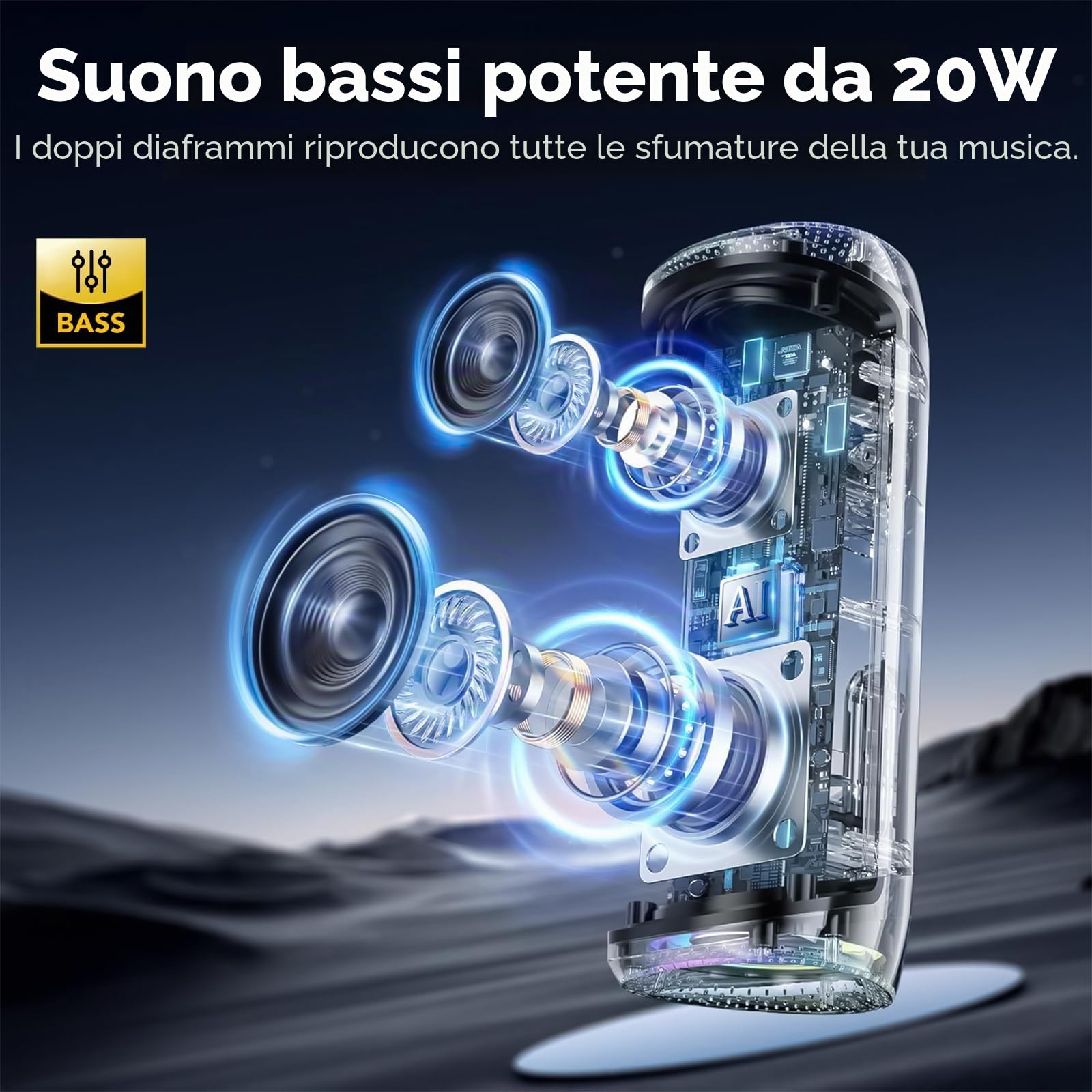 2026 Cassa Bluetooth 5.4 Potente 20W, Doppio Driver Basso, 20H Autonomia,TF | Casse Bluetooth Portatile con 2 EQ Modalità+Display Digitale, 7 RGB,Accoppiamento TWS,Altoparlante Bluetooth da Esterno Feste