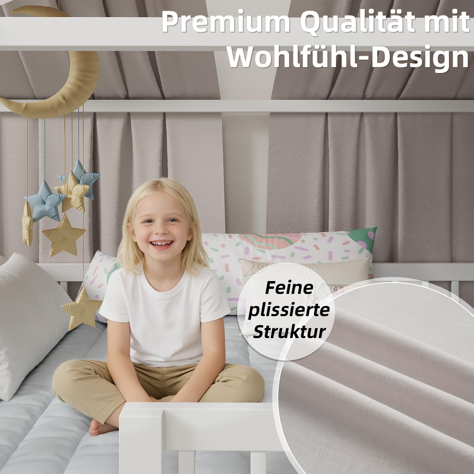 Hausbett Himmel in 5 Farben, 2er Set Betthimmel Hausbett aus weichem Baumwollstoff, Stoffhimmel für Hausbett Deko, Hausbett Vorhang Mädchen Jungen, Himmel für Hausbett 70x270 cm (Creme)