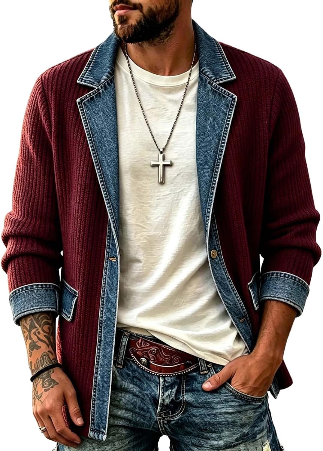 Mens Western Shirts Patchwork Long Sleeve Casual Winter Jacket Coat