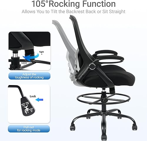 Miniatura 5 de HYLONE Silla de dibujo grande y alta de 400 libras, asiento grueso de 5 pulgadas, silla de oficina alta, reposabrazos abatibles, silla ergonómica