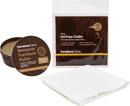 FurnFurniture Clinic Premium Natural Oak Beeswax Polish 6.8oz/200ml+ Lint Free Cotton Cloths | Condition, Restore, Protect, Waterproof Wood Furniture | Easily Remove Build Up, Grease and Dust
