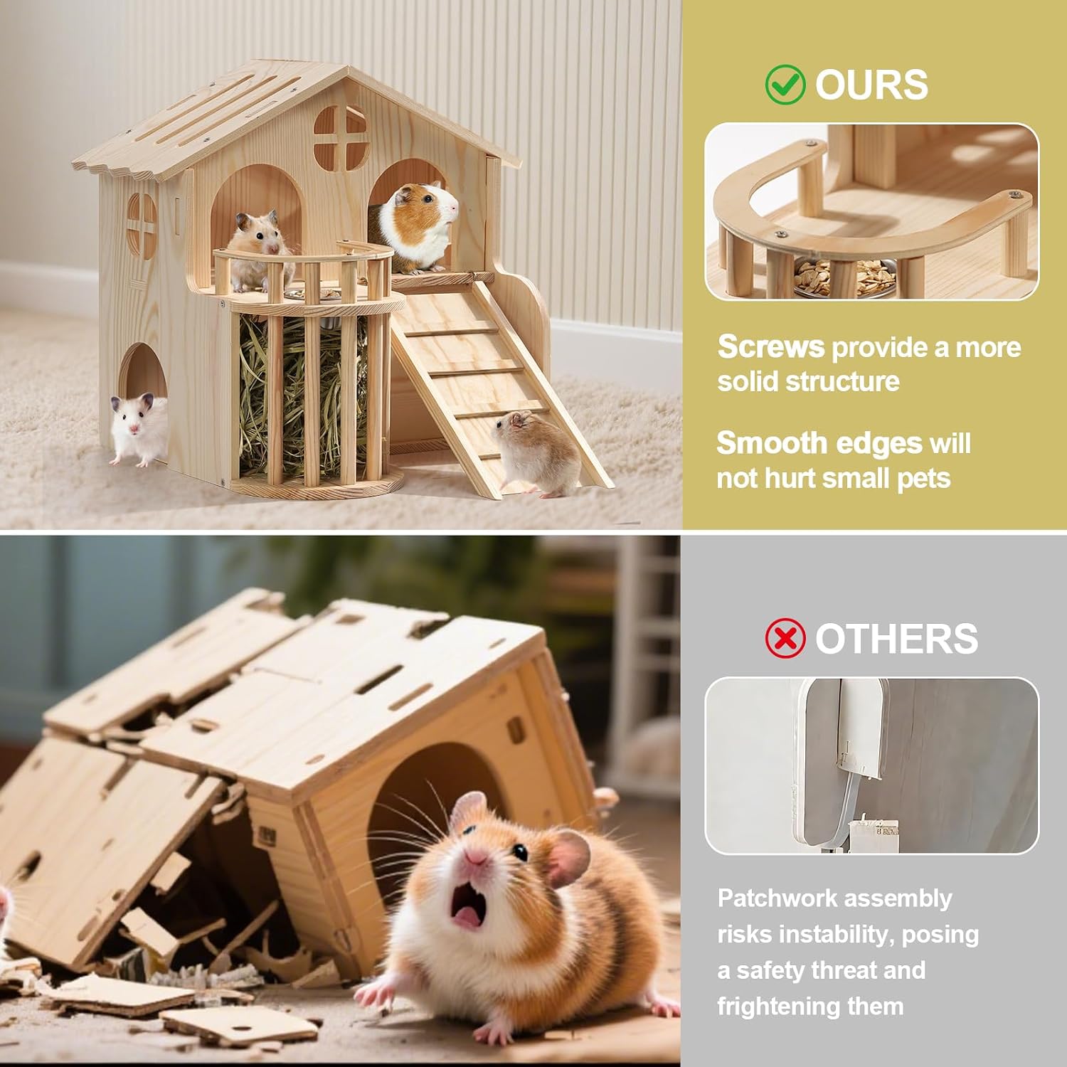 Guinea Pig Hideout, Wooden 2-Tier Guinea Piggy Castle House Habitat Accessories with Removable Ladder Food Bowl & Hay Rack Easy to Assemble for Small Animal Hamsters Syrian Hamsters Gerbils Rats