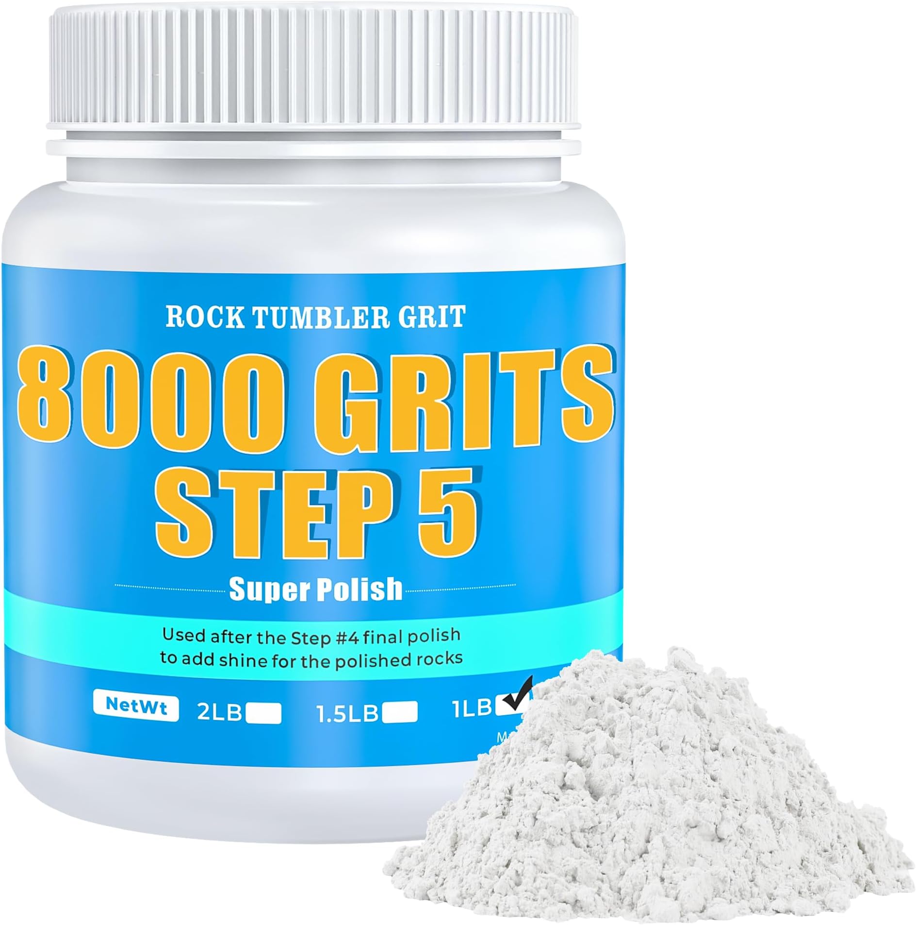- Rock Tumbler Grit - 8000 Grit Aluminum Oxide Polish for Final Step 5, Ultra-Fine Abrasive Powder for Rocks, Glass, Gems & Jewelry Making - Premium Polish Refill for High Gloss Finish, 1 Lb