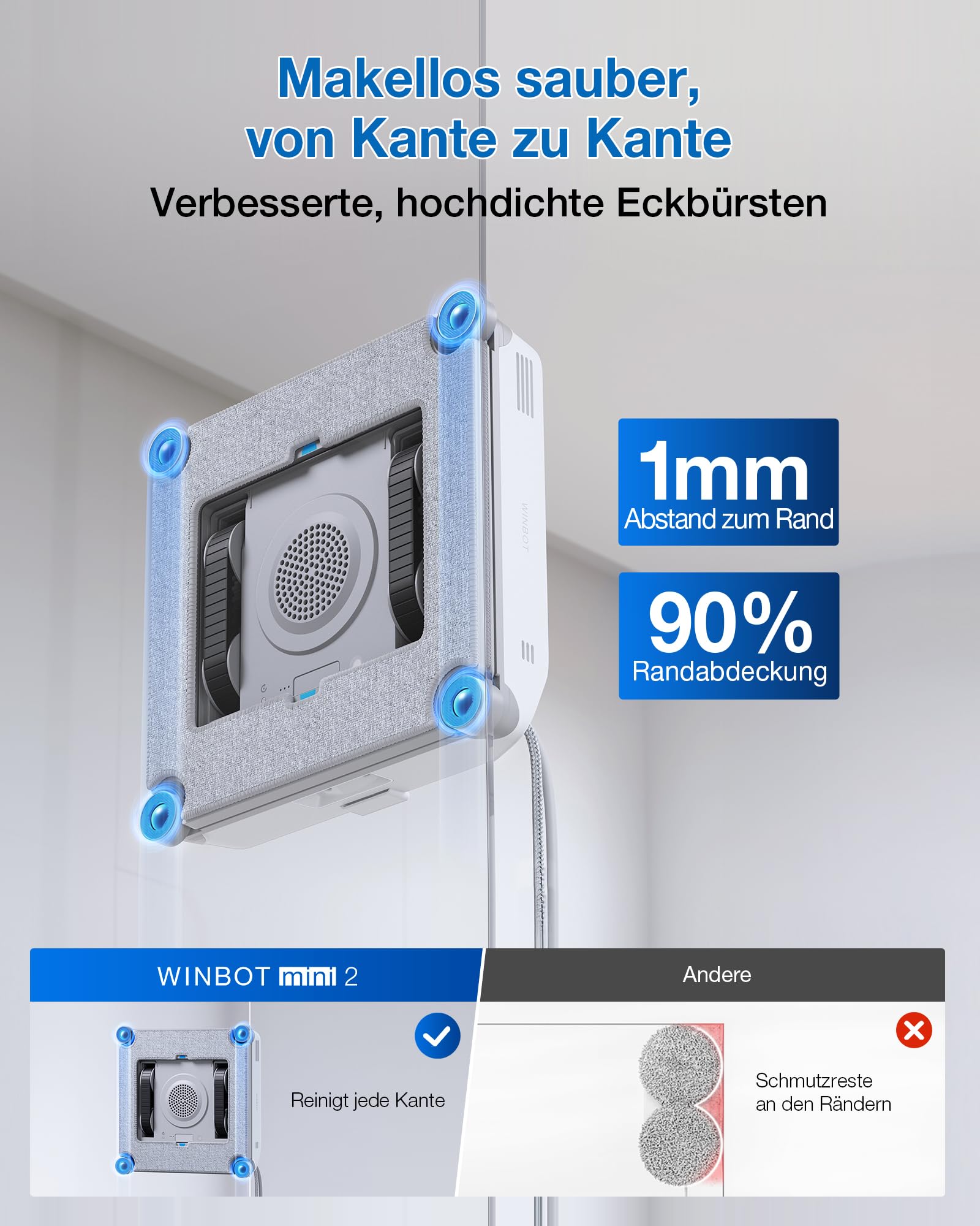 ECOVACS WINBOT Mini 2 Fensterputzroboter mit Eckbürsten & Ultraschallzerstäubung, Ultraschlank & Leicht für Schmale Fenster, Smarte Navigation, 6 App-Modi, 10-Stufiges Sicherheitssystem