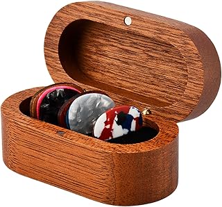 Wooden Guitar Pick Holder Set - 8 Guitar Plectrums (Wood + Celluloid, 3 Thicknesses) with Walnut Storage Case | Gifts for Guitar Lovers/Players