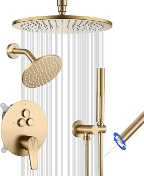 Shower System Brushed Gold, Push Button Diverter Shower Faucet with 2 in 1 Handheld, Ceiling Mount 10 Inch Shower Head with 6 Inch Wall Mount Shower Head
