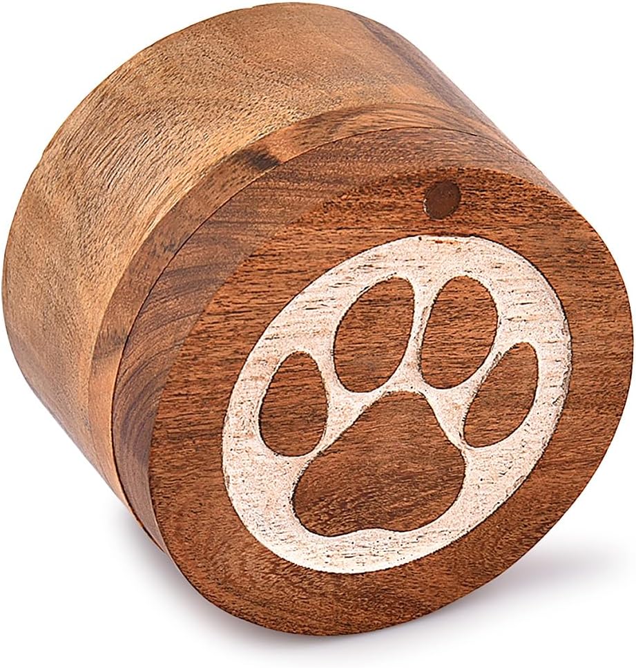 Samhita Acacia Wood Decorative Urns Round Shape White Paws Design Urn for Ashes for Dogs, Pet Urns for Cats (3.5" x 3.5" x 2.5") - Image 2