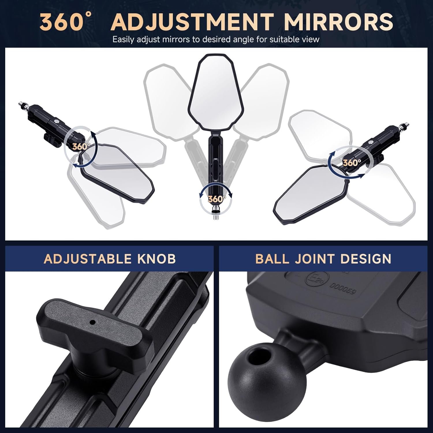 Adventure Motorcycle Mirrors - M8 M10 Black Foldable ATV Rear View Mirror, 7/8" Handlebar Side Mirrors, 360 Adjustable Ball-Head Compatible with Street Dirt Bike ATV Off-road Scooter Snowmobile