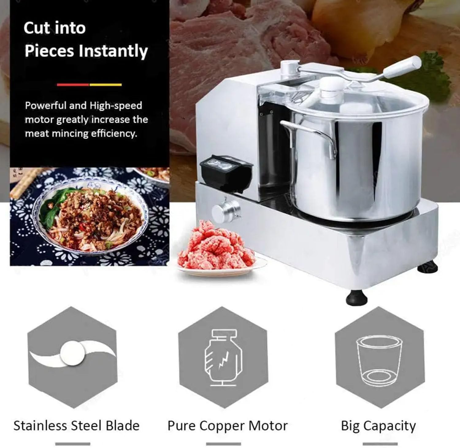 Licuadora Eléctrica De Acero Inoxidable para Carne Y Verduras De 6/9/12 L - Trituradora Y Mezcladora De Alimentos De Alta Resistencia para Preparación Rápida De Comidas, 6L