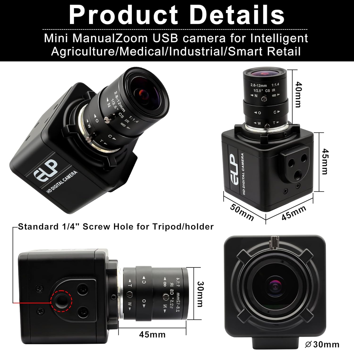 USB Camera - 8MP Security Webcam, 4X Optical Manual Zoom Camera, 2.8-12mm Adjustable Lens, Plug & Play for PC Laptop Compatible with Raspberry Pi Windows Mac Linux