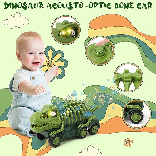Miniatura 3 de Juegos de juguetes de dinosaurio para niños de 5 años, camiones monstruo de dinosaurio con ojos sonoros y claros, 3 autos de tracción y 12