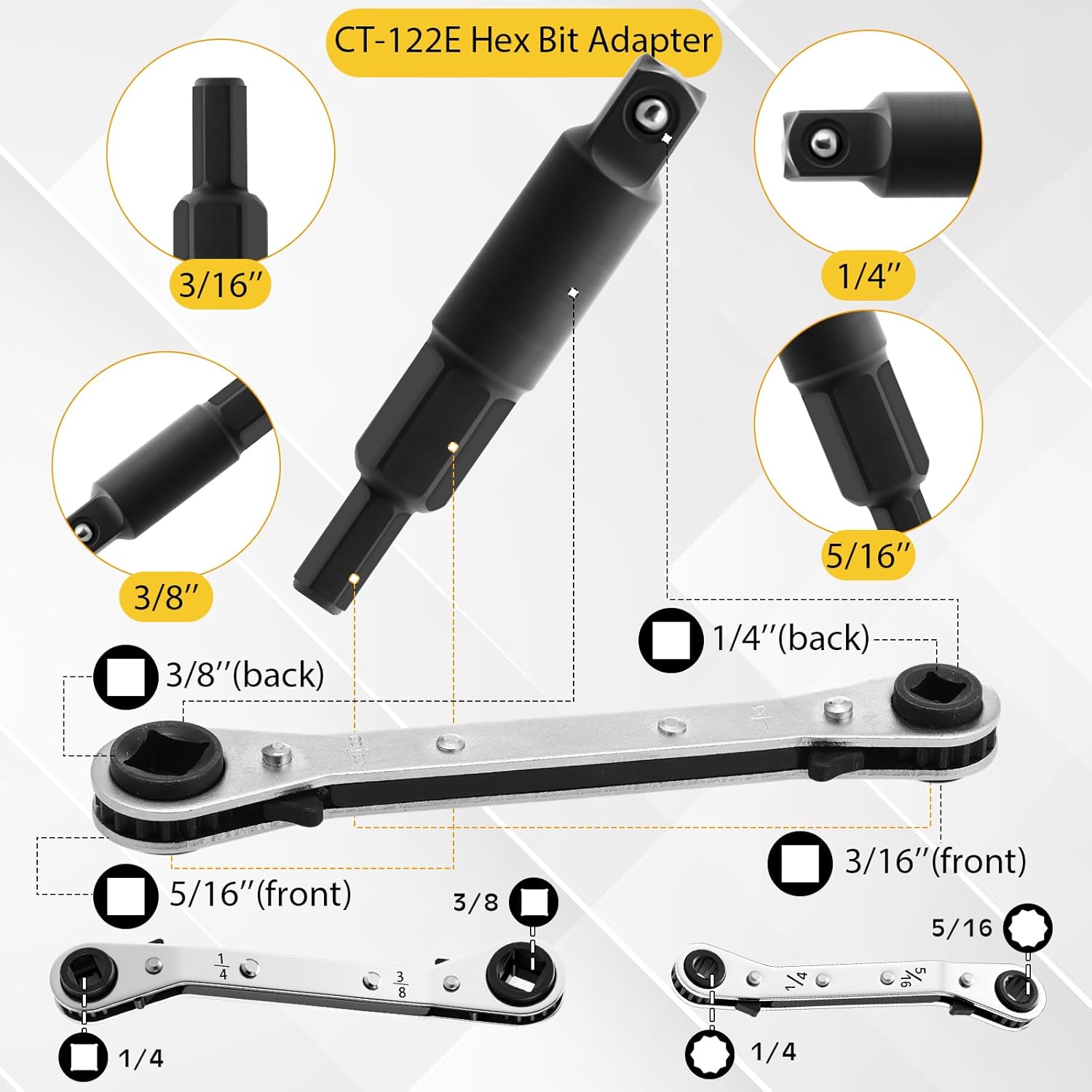 Vacuum-Rated Valve Core Remover Installer Tool with Refrigeration Repair Wrench Set 3/8" 1/4" 5/16" 3/16" Service Ratchet Wrench Hex Bit Adapter Cord Alligator Clips Test Leads