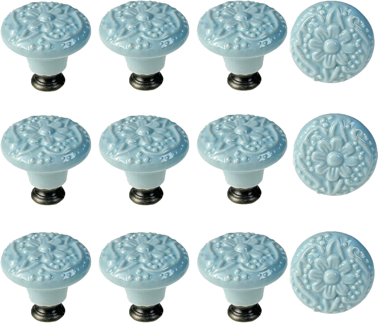 12 Pcs Green Ceramic Cabinet Knobs Decorative Floral Drawer Dresser Knobs Handmade Furniture Pulls, 1.34in Diameter