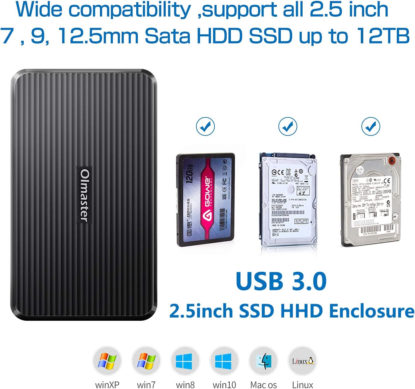 OImaster Tool Free Hard Drive Enclosure USB 3.0 Interface for 2.5 inch HDD SSD 7mm 9.5mm 12.5mm UASP Supported