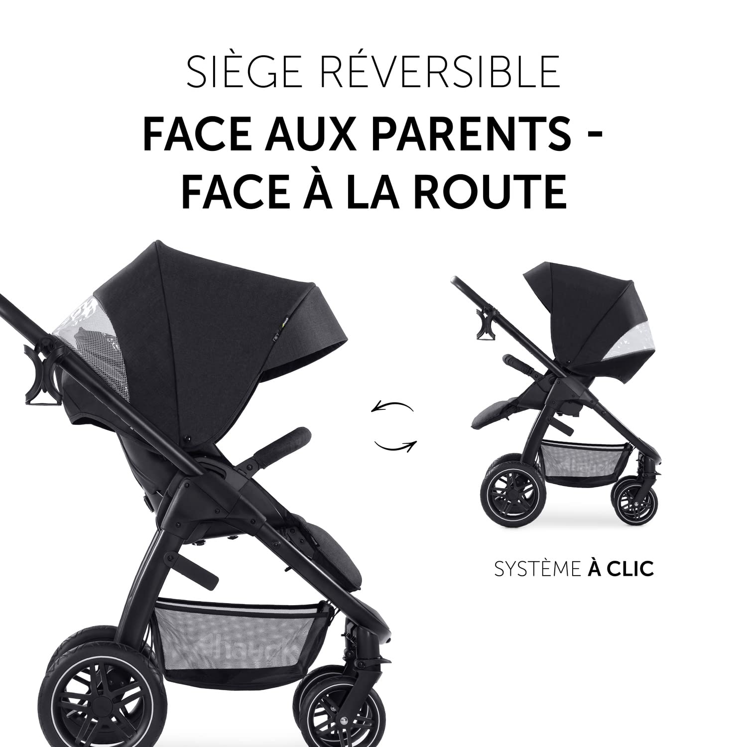 hauck Poussette 2 en 1 Saturn R Duoset, dès Naissance jusqu'à 22 kg, Inclus Nacelle Bébé, Siège Réversible et Inclinable, Pliable, Réglable, Porte-gobelet, UPF 50+, Panier jusqu'à 3 kg, Noir
