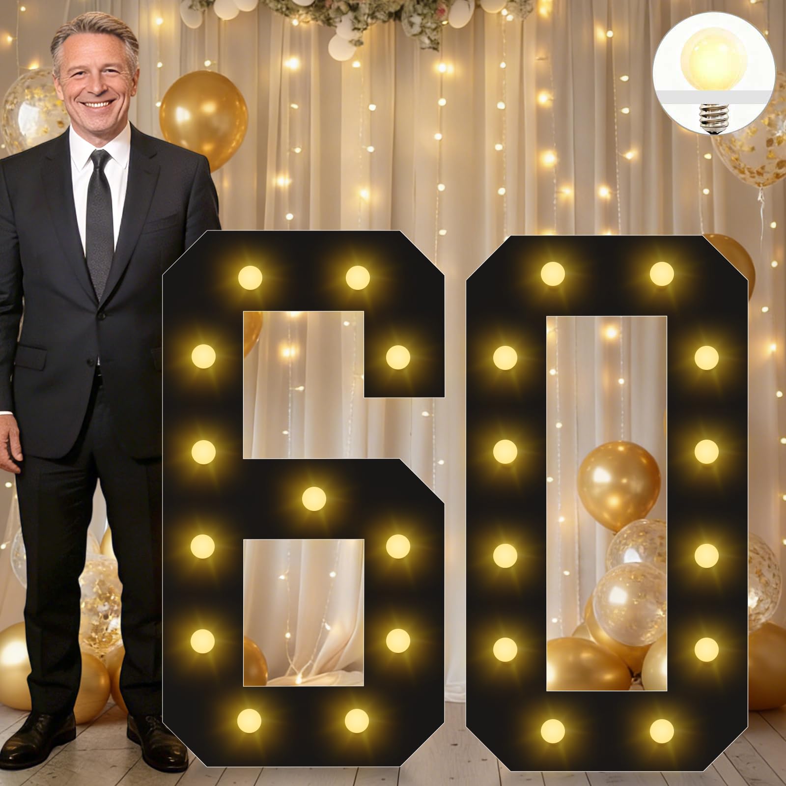 Vimlits Large 4FT Light Up Numbers Birthday Decoration, Black Marquee Number Sign for 60th Party Anniversary Backdrop Wedding Big Mosaic Number Frame Foam Cardboard Pre-cut Number 60 — image 1