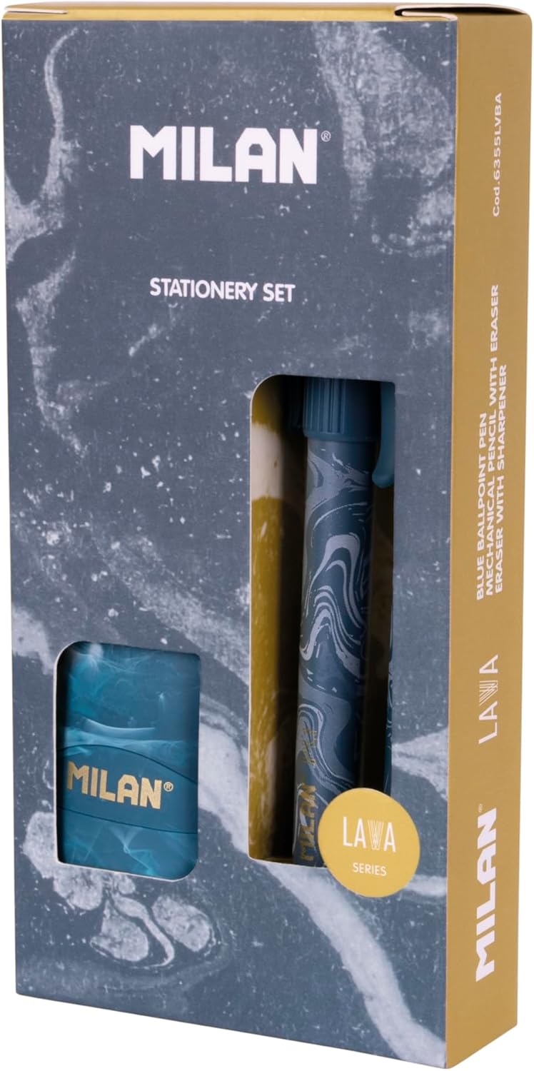 MILAN® Lava Series Gift Box with P1 Ballpoint Pen, PL1 0.5mm HB Mechanical Pencil and Sharpener Blue