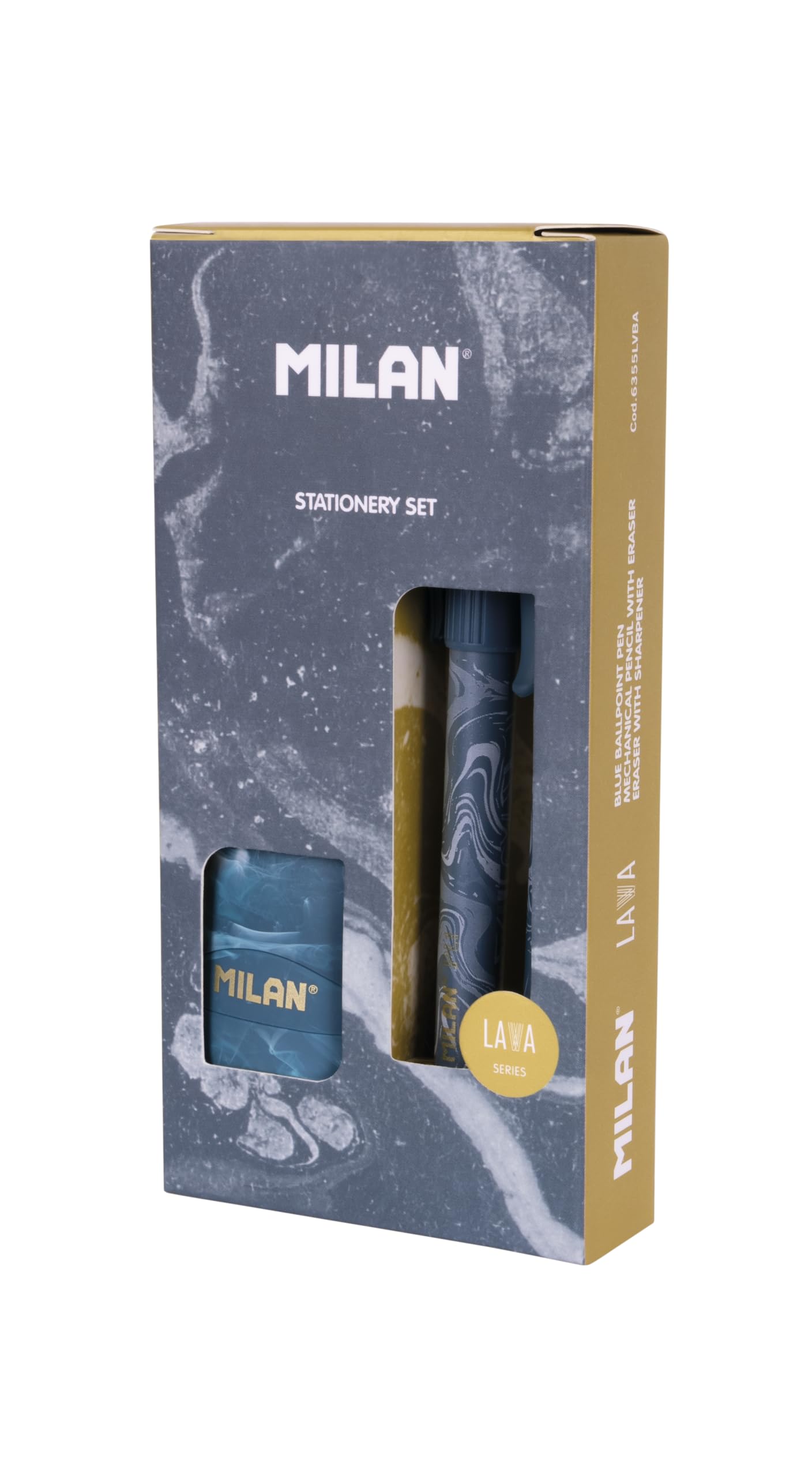 MILAN® Lava Series Gift Box with P1 Ballpoint Pen, PL1 0.5mm HB Mechanical Pencil and Sharpener Blue