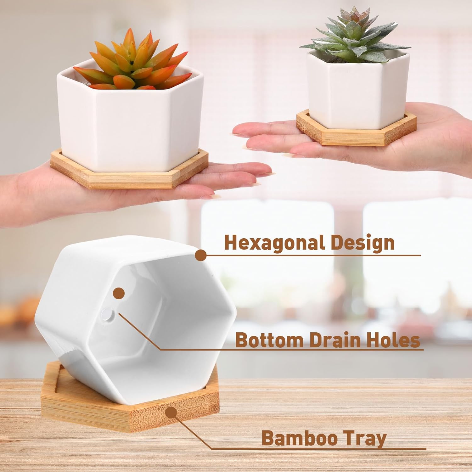 Meanplan 12 Pack Small Succulent Plant Pots Bulk White Ceramic Plant Pots with Bamboo Saucers Hexagon Pot with Drainage Holes for Indoor Outdoor(4", 3")