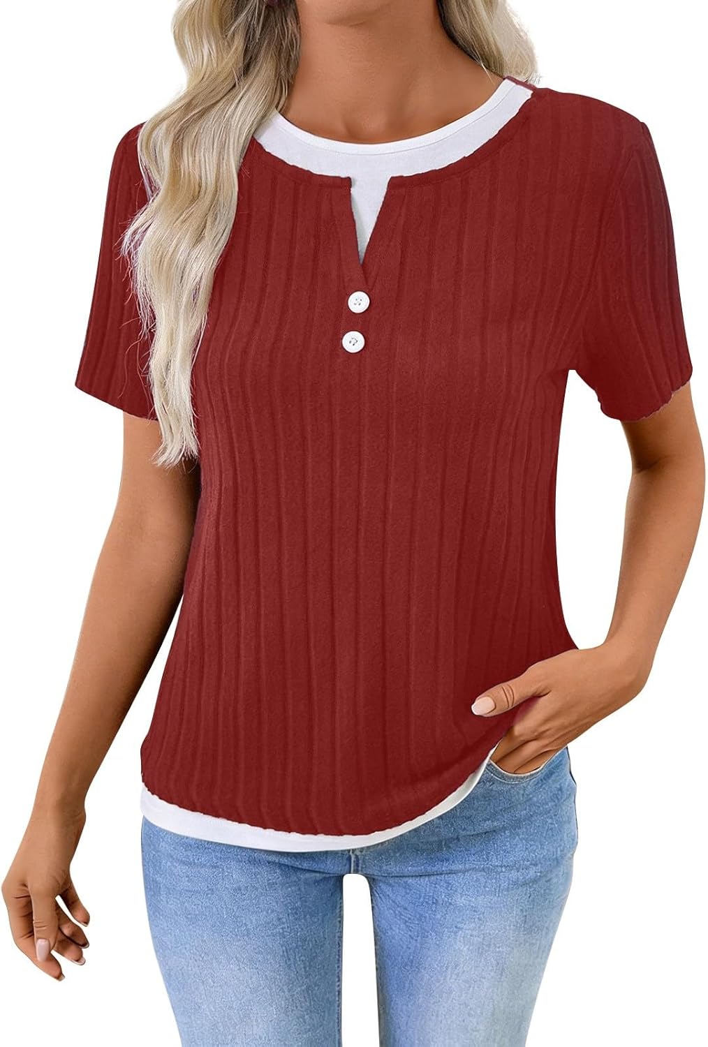 Ribbed Knit T Shirts for Women Trendy Summer Short Sleeve Crew Neck Button Up Textured Henley Sweaters Patchwork Tops