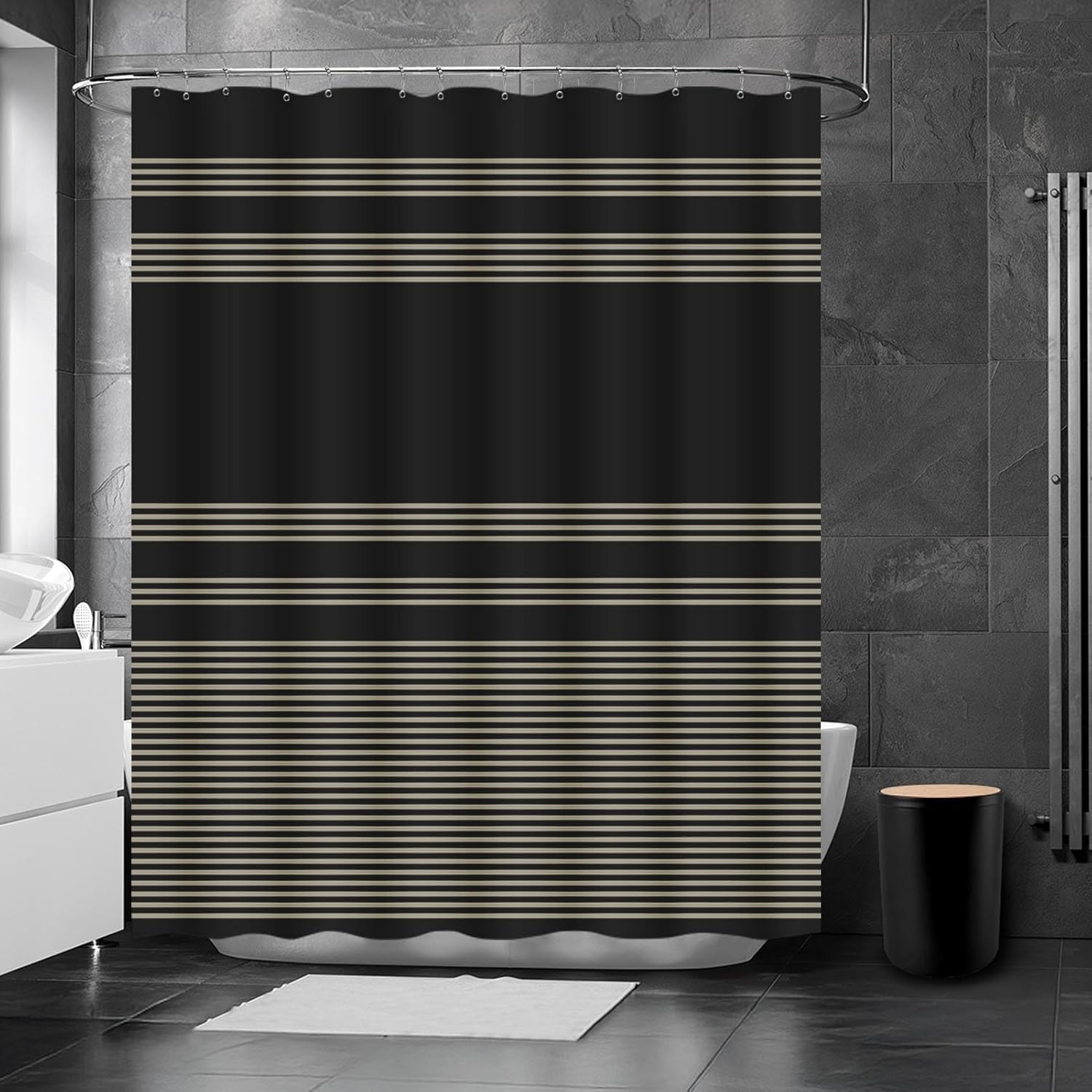 Britimes Bathroom Accessories Set, Black Shower Curtain Set with Trash Can, Soap Dispenser, Toilet Brush Holder, Toothbrush Holder and Toothbrush Cup for Bathroom Decor