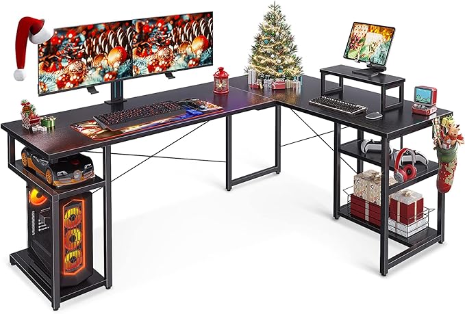 Scrivania Gaming ODK Con LED - 168x120cm Nero Con 2 Prese USB, Ripiano Rete E Design Reversibile