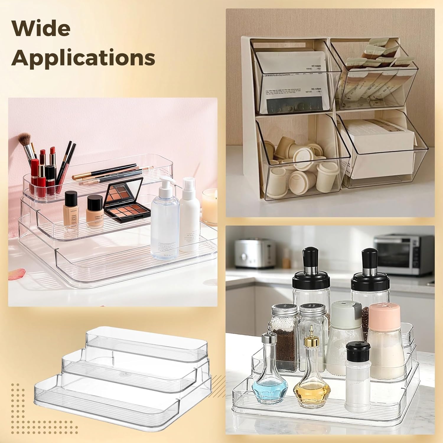 OMISTAR 3 Pcs 3 Tier Spice Rack Organizer, Clear Plastic Organizer for Countertop, Kitchen Cabinet Organizer and Vanity, Versatile Storage Shelf for Cosmetics, Perfume, and More
