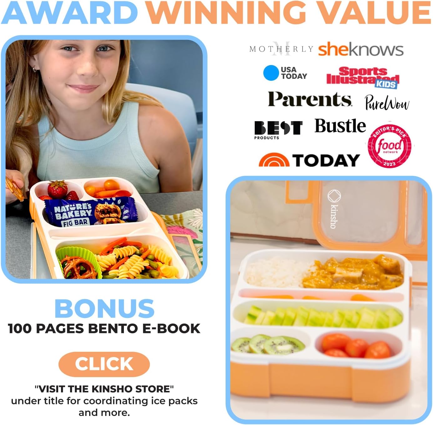 kinsho Bento-Box For Adults Or Kids, Lunch-Boxes Portion Control Container For Women Men Girls Boys | Leakproof Snack Containers For School Bpa Free Utensils 5 Compartments | Blue, Orange