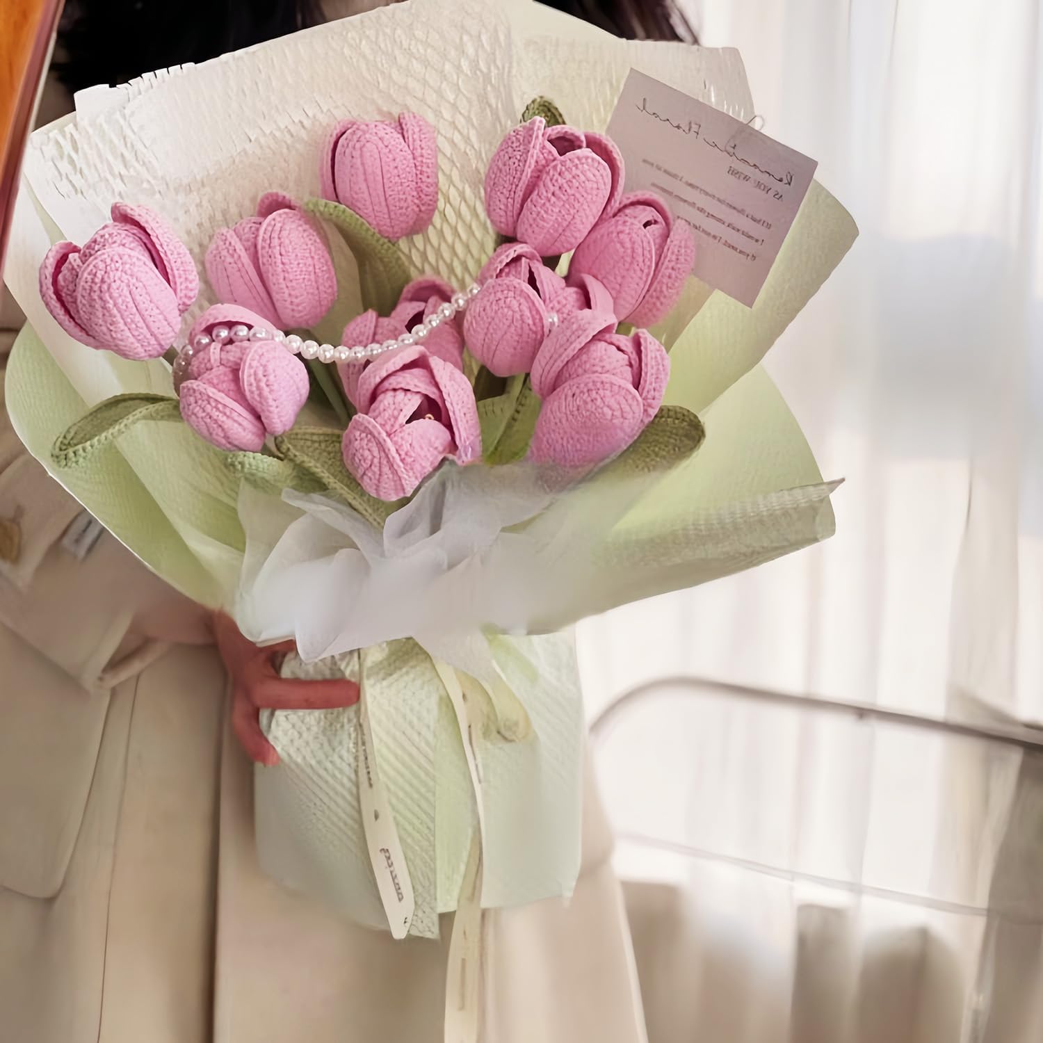 Tulip Crochet Flowers, Finished Handmade Crochet Tulips, Artificial Tulip Home Decor, Length 38cm/15 inches, Knitted Flower Never Withered, Flowers for Mom, Daughter, Wife, Teacher (Pink, 6)