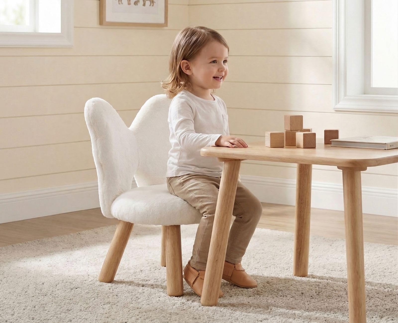chairus Kindersessel Kunstfell Schmetterling, Weiß | Holzbeine, Gepolstert, Für Kinderzimmer, Für Spielzimmer